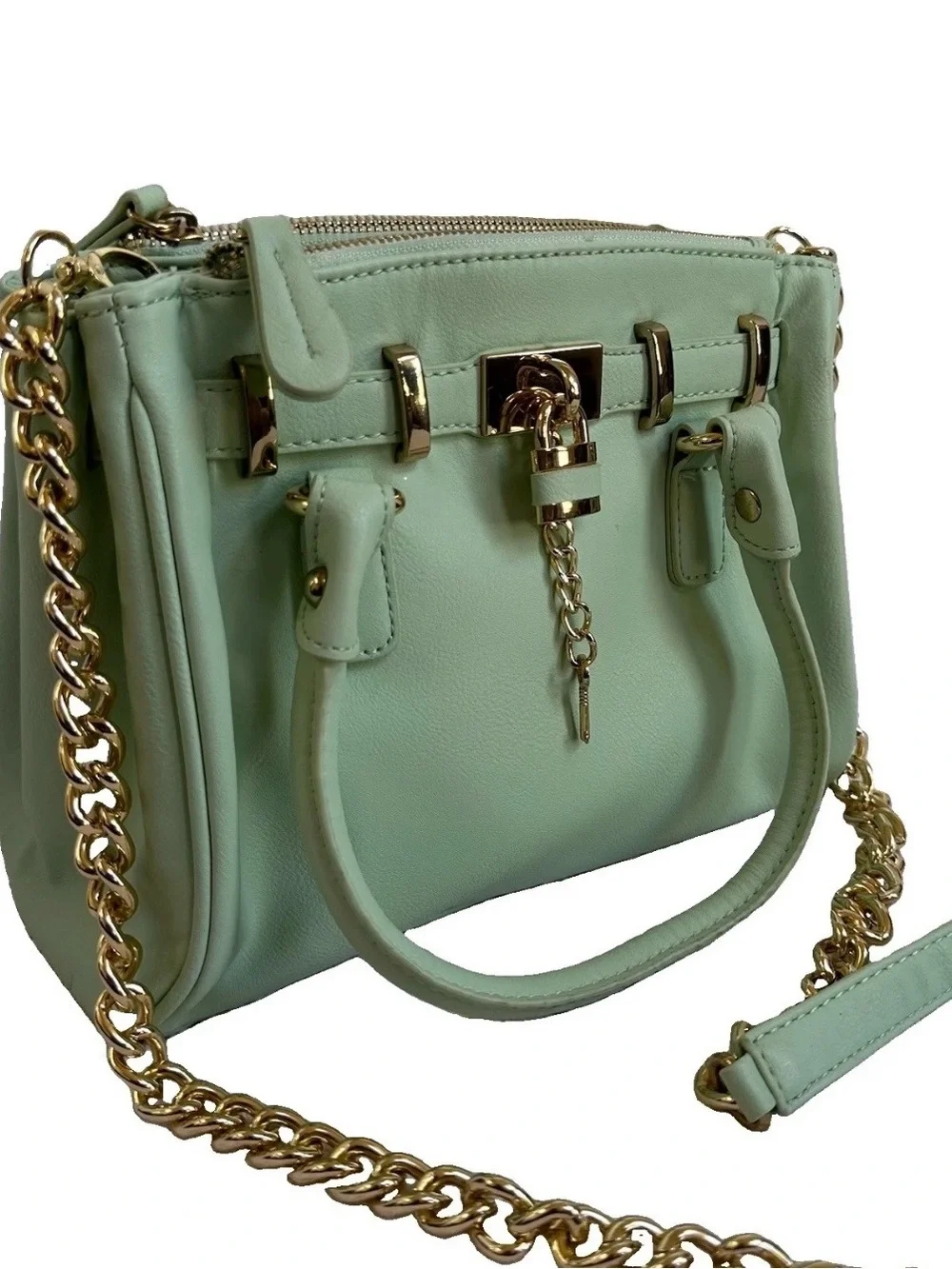 ALDO Retro Mint Green Purse Faux-Leather Satchel Crossbody Bag-Gold Accents